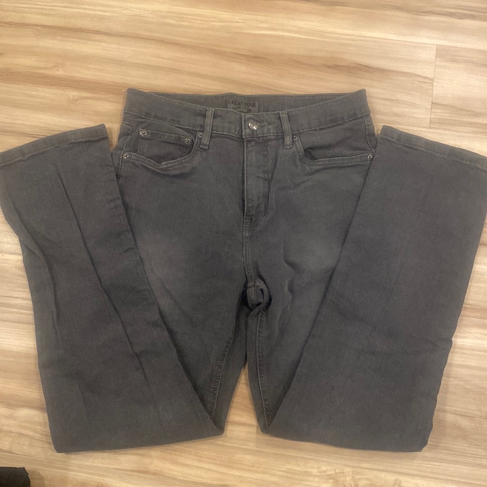 Urban Star grey denim five pocket riveted jeans, Cotton/spandex blend.